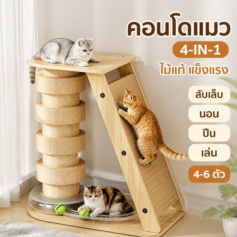 คอนโดแมว ไม้ 4in1 บ้านแมว หลุมแมว ที่ลับเล็บแมว ขนาดใหญ่ ของเล่นแมว สําหรับหลายตัว