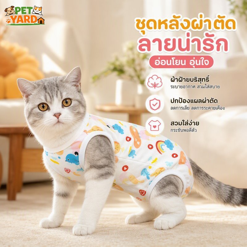 ชุดผ่าตัดแมว ชุดกันเลียแผล หลังทําหมัน หย่านม ผ้าฝ้าย ระบายอากาศ ใส่สบาย ลายน่ารัก