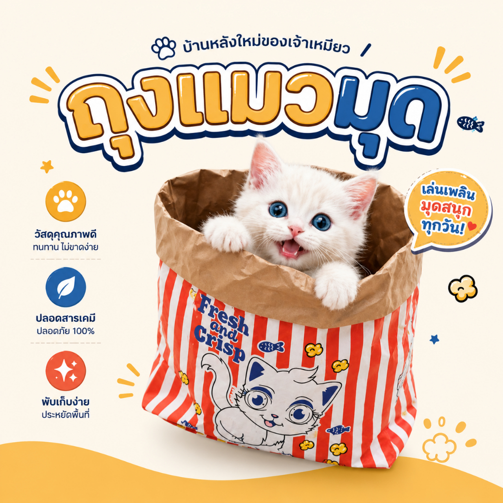 ถุงแมวมุด ถุงป๊อปคอร์น ของเล่นแมว Popcorn Peek-a-Boo Bag