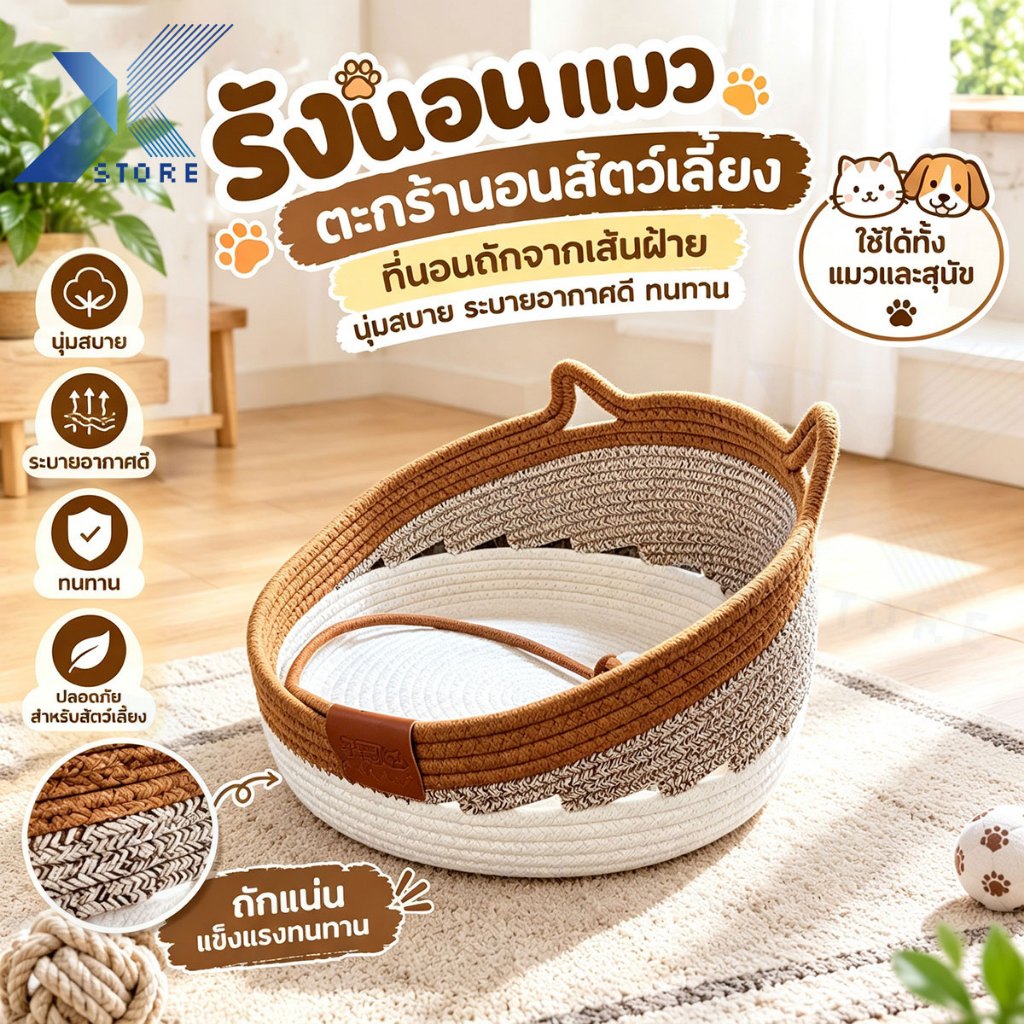 Xstore ที่นอนแมวแบบตะกร้า รังแมว เบาะแมว ตะกร้าถักเชือกฝ้าย ระบายอากาศได้ดี ไม่อับชื้น แข็งแรง เหมาะสําหรับแมว