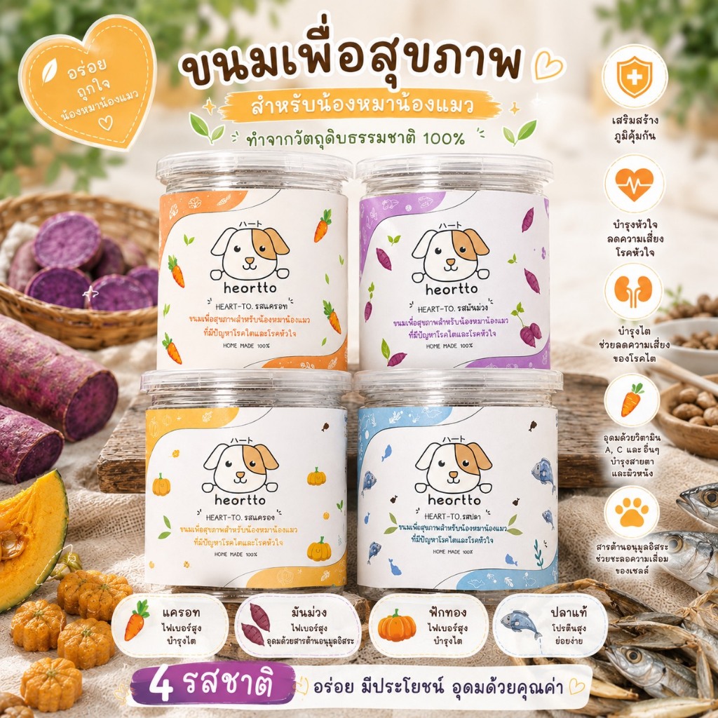 HEART-TO ขนมซอฟคุ๊กกี้ สายสุขภาพสําหรับน้องหมา น้องแมวที่เป็นโรคไต โรคหัวใจ