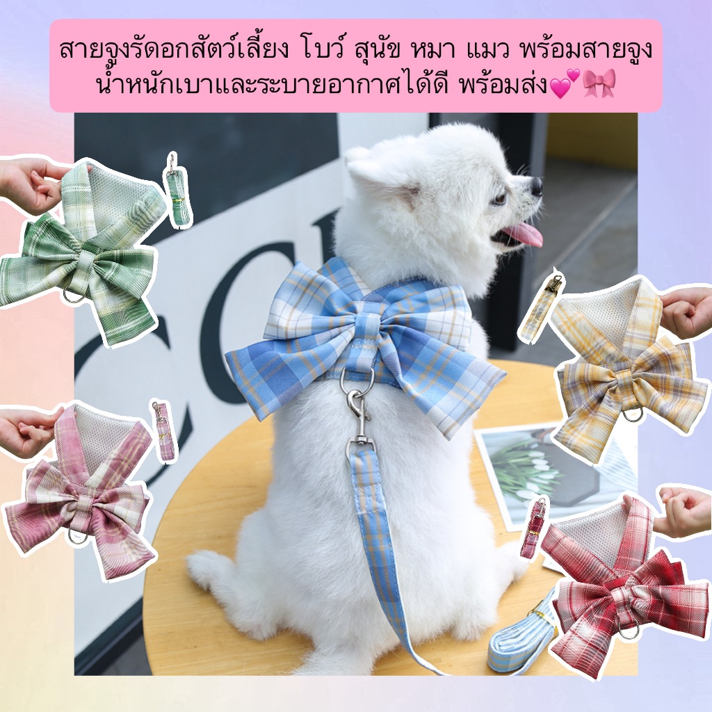 AL-511 สายจูงรัดอกสัตว์เลี้ยง โบว์ สุนัข หมา แมว พร้อมสายจูง น้ําหนักเบาและระบายอากาศได้ดี