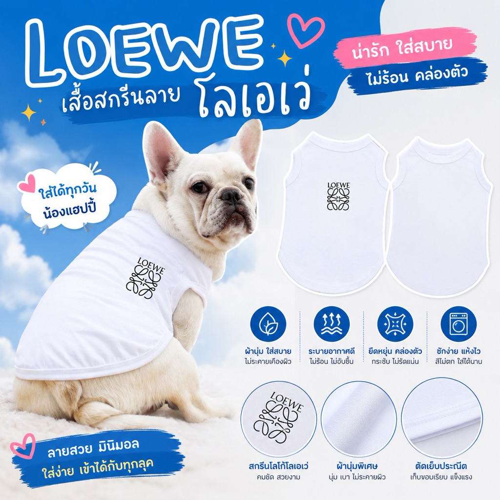 เสื้อหมา เสื้อแมว สกรีนลาย LOEWE (โลเอเว่) 🐶🐱 แขนกุดสีขาว เนื้อผ้าคอตตอน 100%