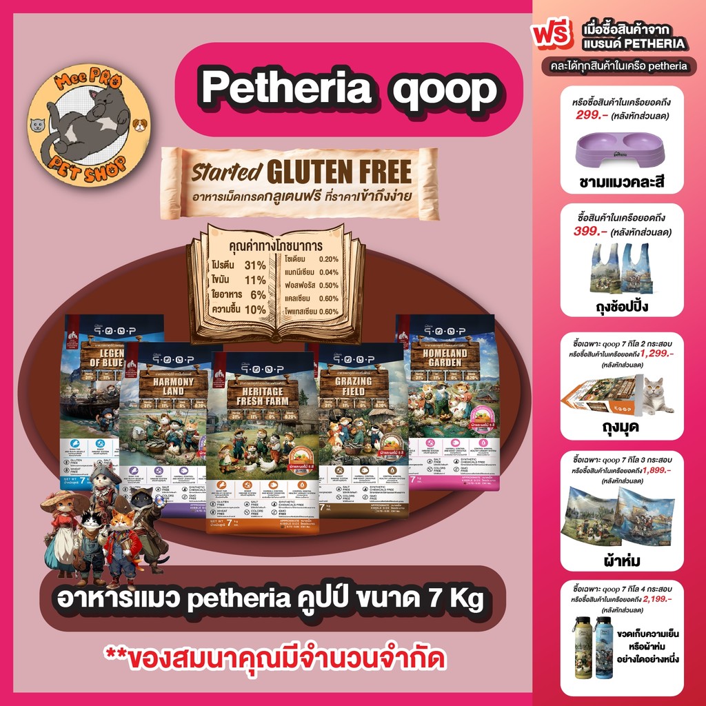 อาหารแมว Petheria qoop กระสอบ เพ็ทเทอเรีย คุปป์ Gluten free 7 Kg พร้อมผักผลไม้ 5 สีและ Synbiotics