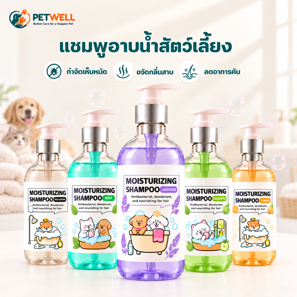 แชมพูสัตว์เลี้ยง PETWELL สูตรป้องกันเห็บและไรแมลง 500 มล. ช่วยให้ขนสัตว์นุ่มและเงางาม