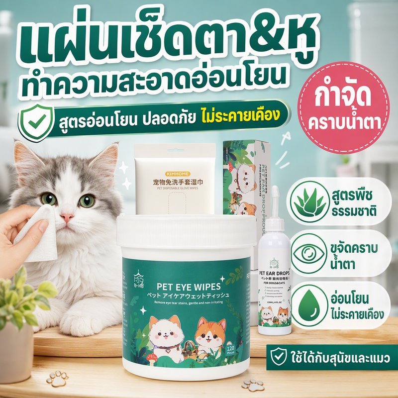 ทําความสะอาดสัตว์เลี้ยง แผ่นเช็ดแมว แผ่นเช็ดตาสุนัขและแมว ทําความสะอาดฟัน ที่หยอดหูแมว ไม่เจ็บหู