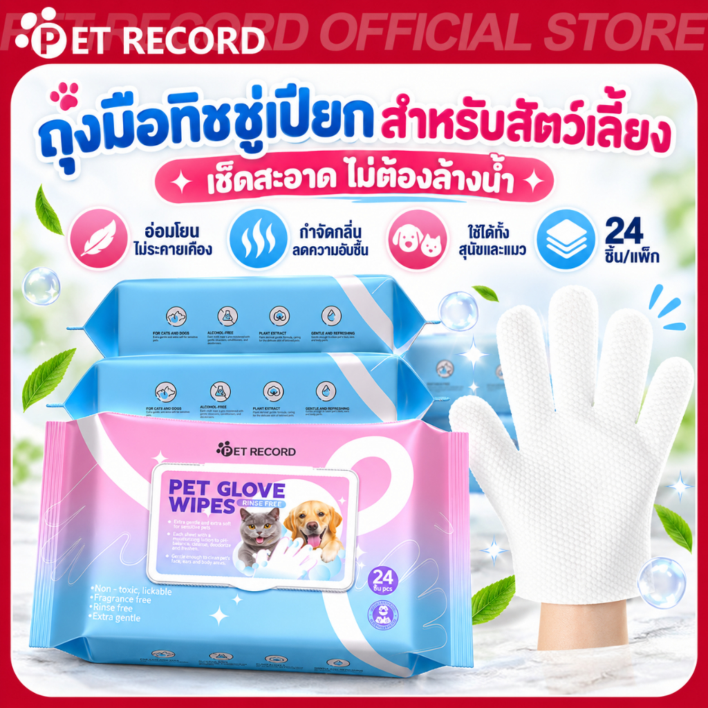 PET RECORD】 ถุงมือเปียกสัตว์เลี้ยง 24แผ่น ทิชชู่เปียกสําหรับแมวและสุนัขเช็ดตัวทําความสะอาดง่ายอ่อนโยน
