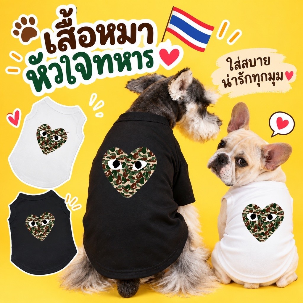 หัวใจทหาร เสื้อหมา เสื้อแมว เนื้อผ้า Cotton 100% ใส่สบาย งานละเอียดเหมือนเสื้อคน