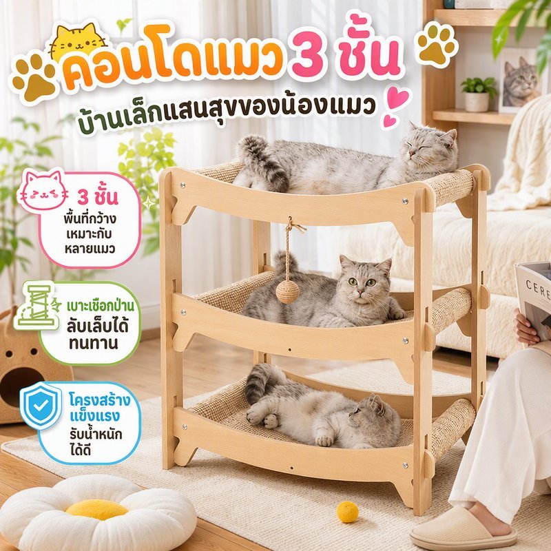 เตียงแมว คอนโดแมวที่ลับเล็บแมวขนาดใหญ่ ไม้ 2 3 ชั้น ที่นอนแมว เสาลับเล็บ ทนรอยขีดข่วน