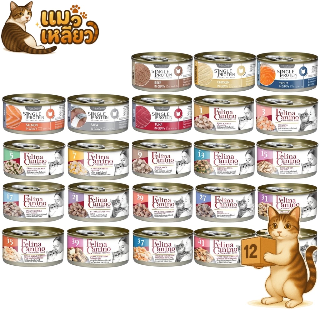 ครึ่งลัง 12 กระป๋อง ) Felina Canino Single Protein เปียกแมว เนื้อเน้นๆ ไม่เติมเกลือ แมวอายุ 2 M+