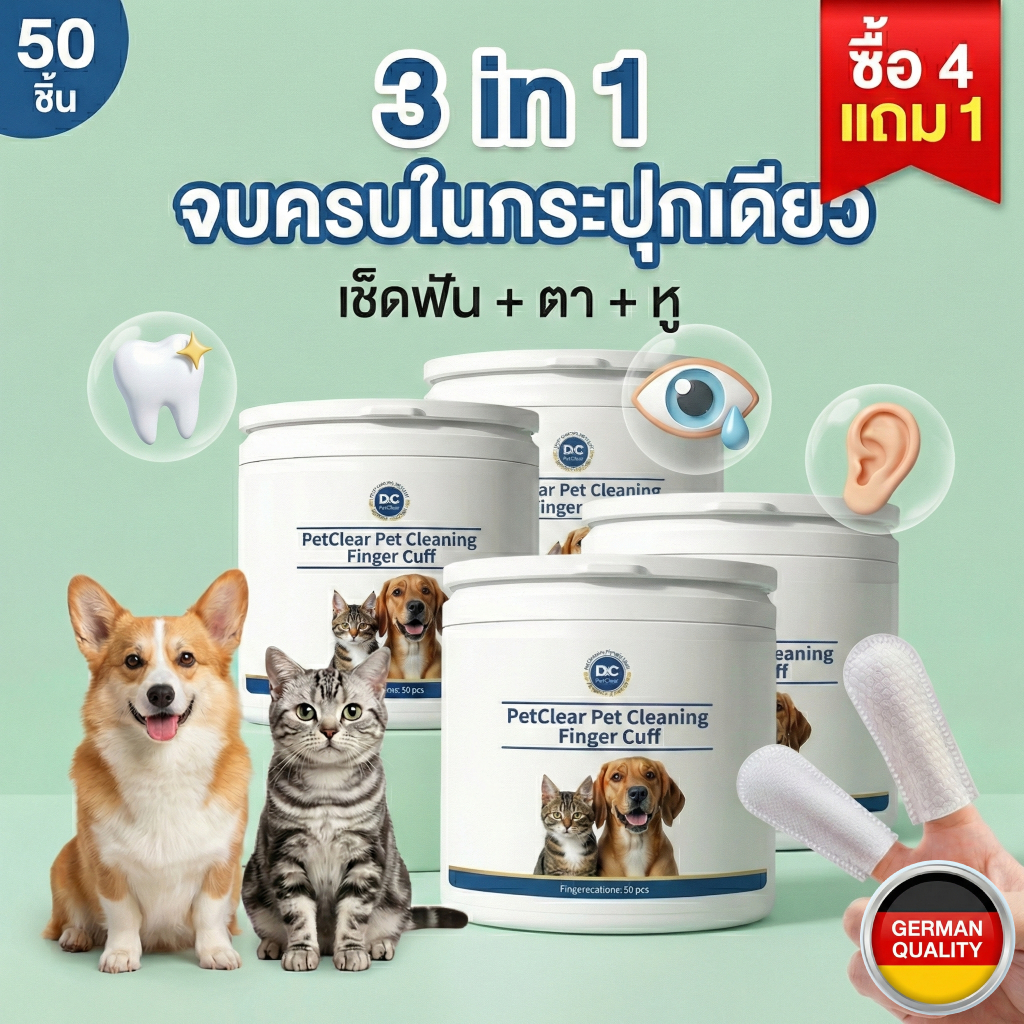 ผ้าเปียกสวมนิ้ว 3in1 เช็ดฟัน/หู/ตา สําหรับสัตว์เลี้ยง ใช้ง่าย ลดคราบพลัค สะอาดลึก (50 แผ่น)