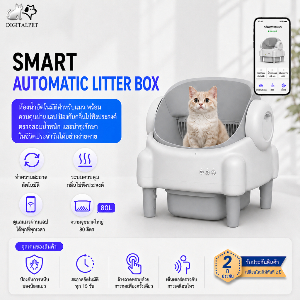 DIGITALPET Automatic cat litter box ห้องน้ําแมวอัต 80L Open-top แอป Tuya ป้องกันแบคทีเรียและดับกลิ่น ห้องน้ําแมวอัตโนมัติ