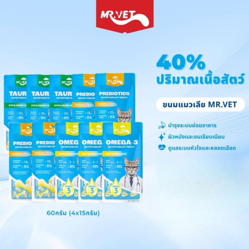คอมโบ 6/12 ซอง] MR.VET ขนมแมวเลีย 1 แพ็ค 4 ซอง 60 กรัม สูตรไก่และตับไก่ เหมาะสําหรับแมวทุกช่วงวัย