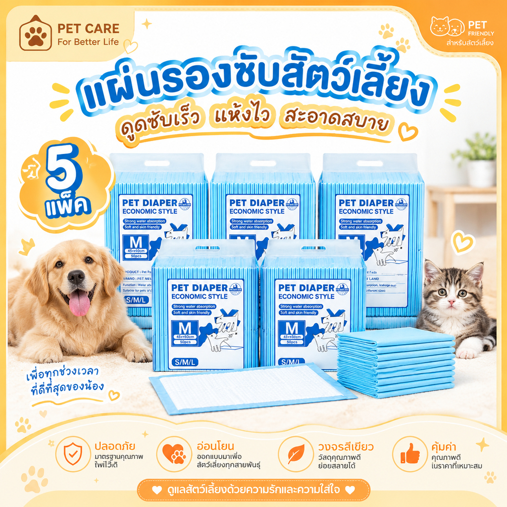 PET CARE】5 แพ็ค รุ่นใหม่! แผ่นรองฉี่สุนัข ดูดซับอย่างรวดเร็ว แผ่นรองฉี่ กําจัดกลิ่นดี สุนัข แมว