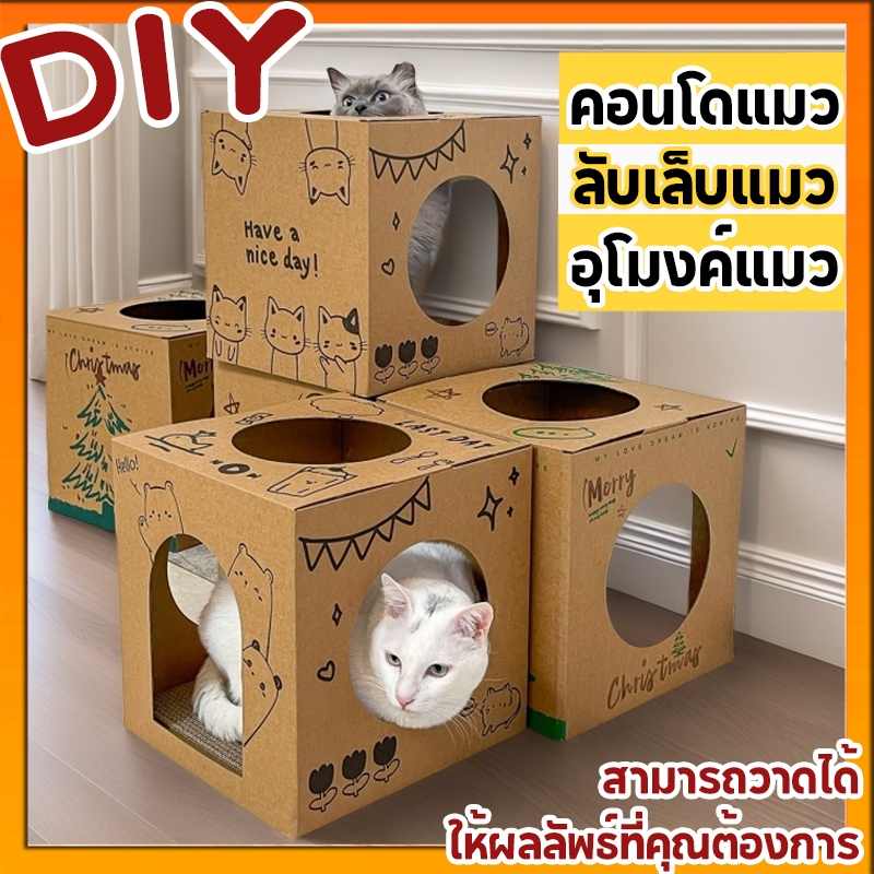 DIY บ้านลับเล็บแมว คอนโดแมว บ้านกระดาษ บ้านลับเล็บ กล่องลับเล็บแมว ที่นอนแมว อุโมงค์แมว