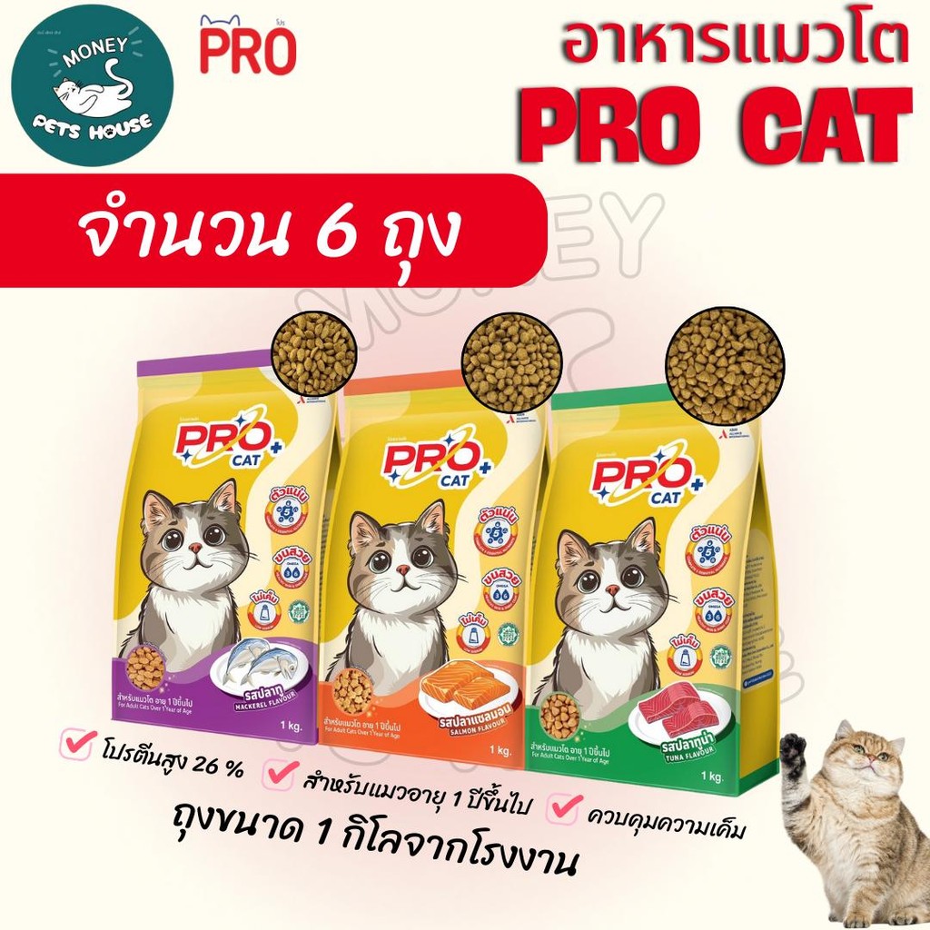 จํานวน 6 ถุง ขนาดถุง 1 กิโลกรัม ]] อาหารแมว PRO CAT โปรตีน26% สูตรลดความเค็ม ขนนุ่มสวย สําหรับแมว 1 ปีขึ้นไป