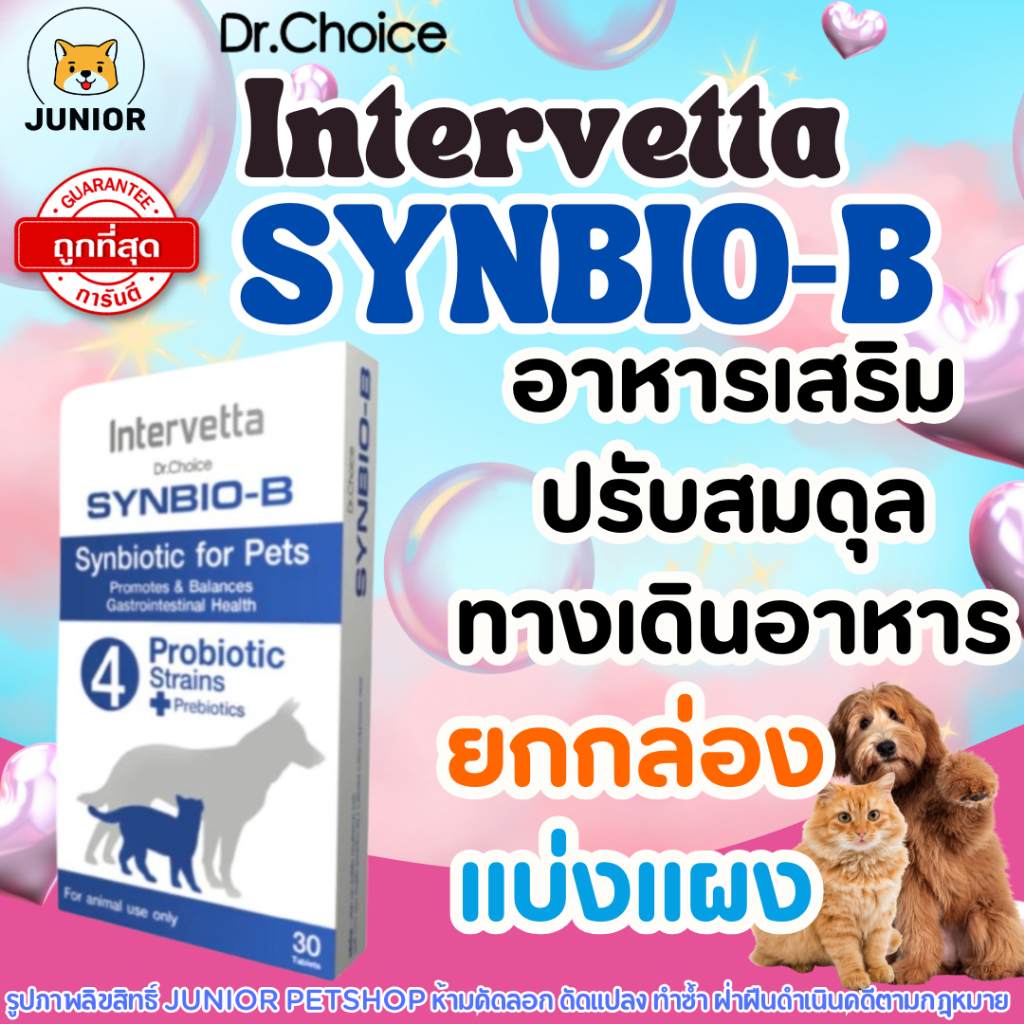 Intervetta Synbio B แมว-สุนัข โพรไบโอติก+พรีไบโอติก ปรับสมดุลลําไส้ ลําไส้สุขภาพดี