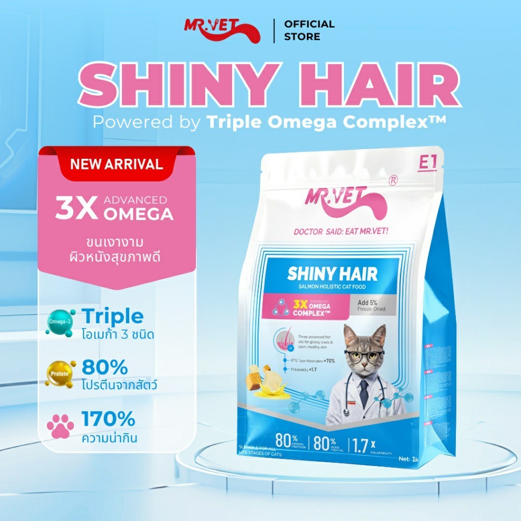 MR.VET E1 อาหารแมวพรีเมียม– Triple Omega ComplexTM เพื่อขนเงางาม สุขภาพผิวดี ด้วยปลาแซลมอนและไก่ โปรตีนสูง30%