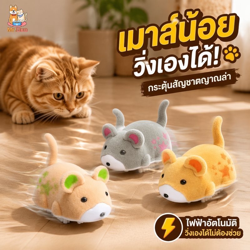 ของเล่นแมว หนูไฟฟ้าอัตโนมัติ มีเสียง ผ้าขนนุ่ม ปลอดภัย กดปุ่มเดียว Pet toy electric plush mouse cat