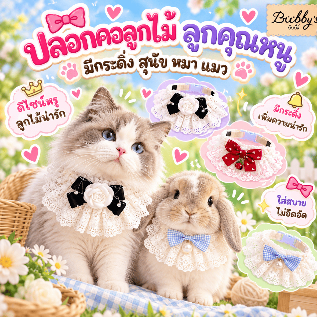 AL-1337 Bubby's ปลอกคอลูกไม้สัตว์เลี้ยง สุนัข หมา แมว มีโบว์ น่ารัก ผ้าพันคอ 😇 บับบี้ Bubby By Anna&Louise