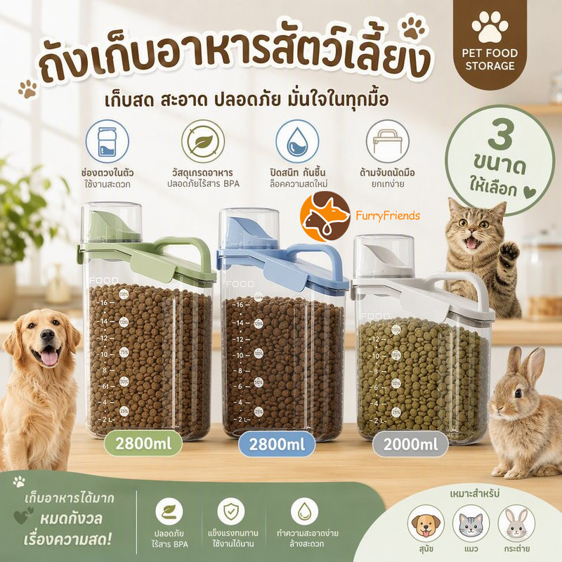 กล่องใส่อาหารสัตว์เลี้ยง กล่องใส่อาหารแมว ด้วยเครื่องชั่ง พร้อมถ้วยตวง ป้องกันแมลง หลักฐานความชื้น
