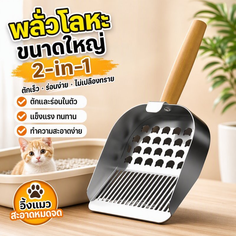 ที่ตักทรายแมว พลั่วตักอึแมว สแตนเลส 304 กันสนิม ตะแกรงร่อนทราย 2in1 ด้ามจับใหญ่ พร้อมตะขอ
