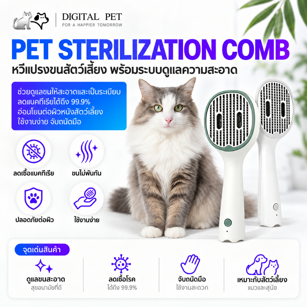 DIGITALPET หวีกําจัดขนสัตว์เลี้ยง สุนัข หวีแมวการฆ่าเชื้อด้วยแสงยูวี หวีแปรงขนสัตว์เลี้ยง หวีแมว แปรงหวีขนสุนัข หวีสุนัข