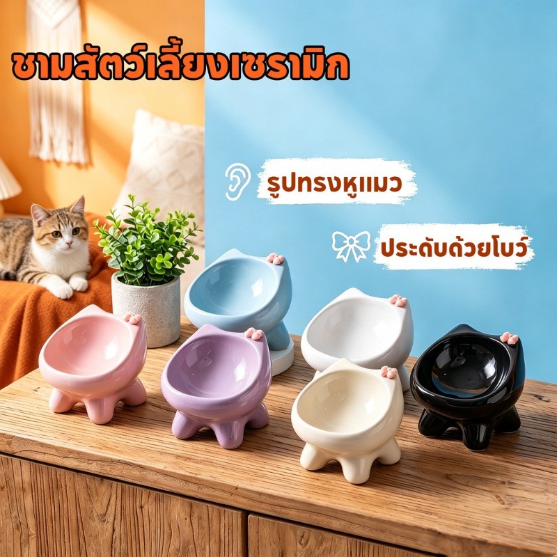 NEW! ชามอาหารสัตว์เลี้ยง ชามเซรามิกสําหรับน้องแมว ออกแบบเอียง 15 องศา ปกป้องกระดูกคอ ไม่กดหนวด
