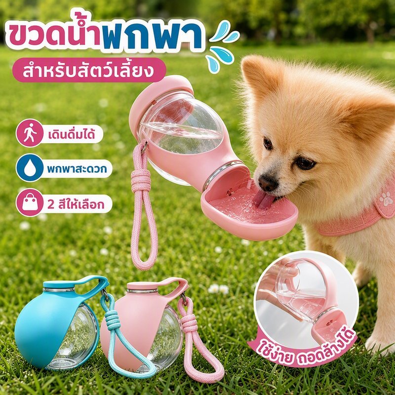 ขวดน้ําพกพา 2in1 สําหรับสุนัข แมว พร้อมถ้วย กันรั่ว พกง่าย ใช้เดินเล่น ท่องเที่ยว น้ําหนักเบา