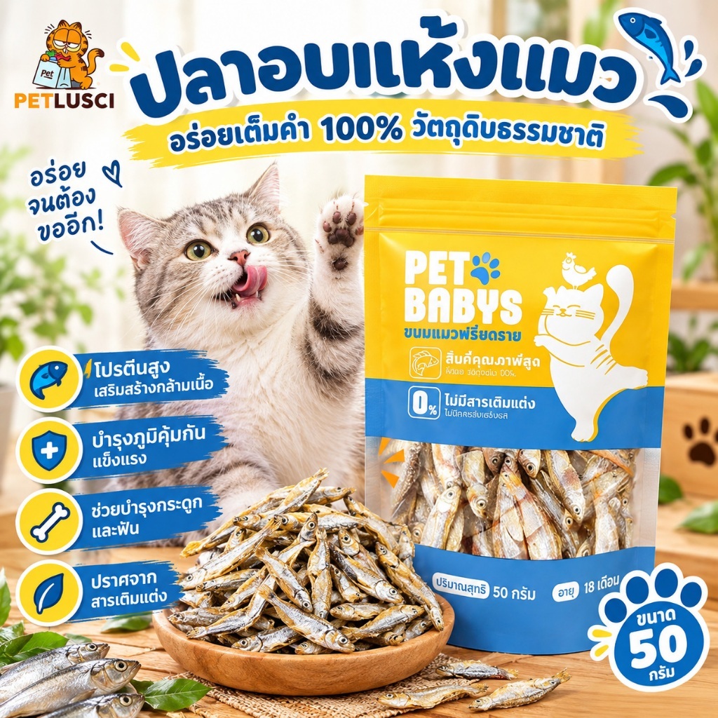 ขนมแมว ปลาแมว 50กรัม ธรรมชาติ 100% โปรตีนสูง ไม่เค็ม ปลอดภัยต่อไต สดใหม่ทุกวัน ไม่เติมสารกันเสีย สุนัขก็ชอบทาน