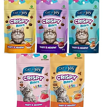 CAT n joy Crispy Bites ขนมแมวกรุบกรอบ หลากหลายรสชาติ มีสูตรแมวเด็ก ขนาด 60g