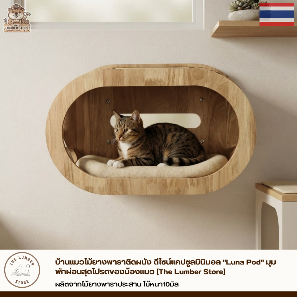 บ้านแมวไม้ยางพาราติดผนัง ดีไซน์แคปซูลมินิมอล "Luna Pod" มุมพักผ่อนสุดโปรดของน้องแมว The Lumber