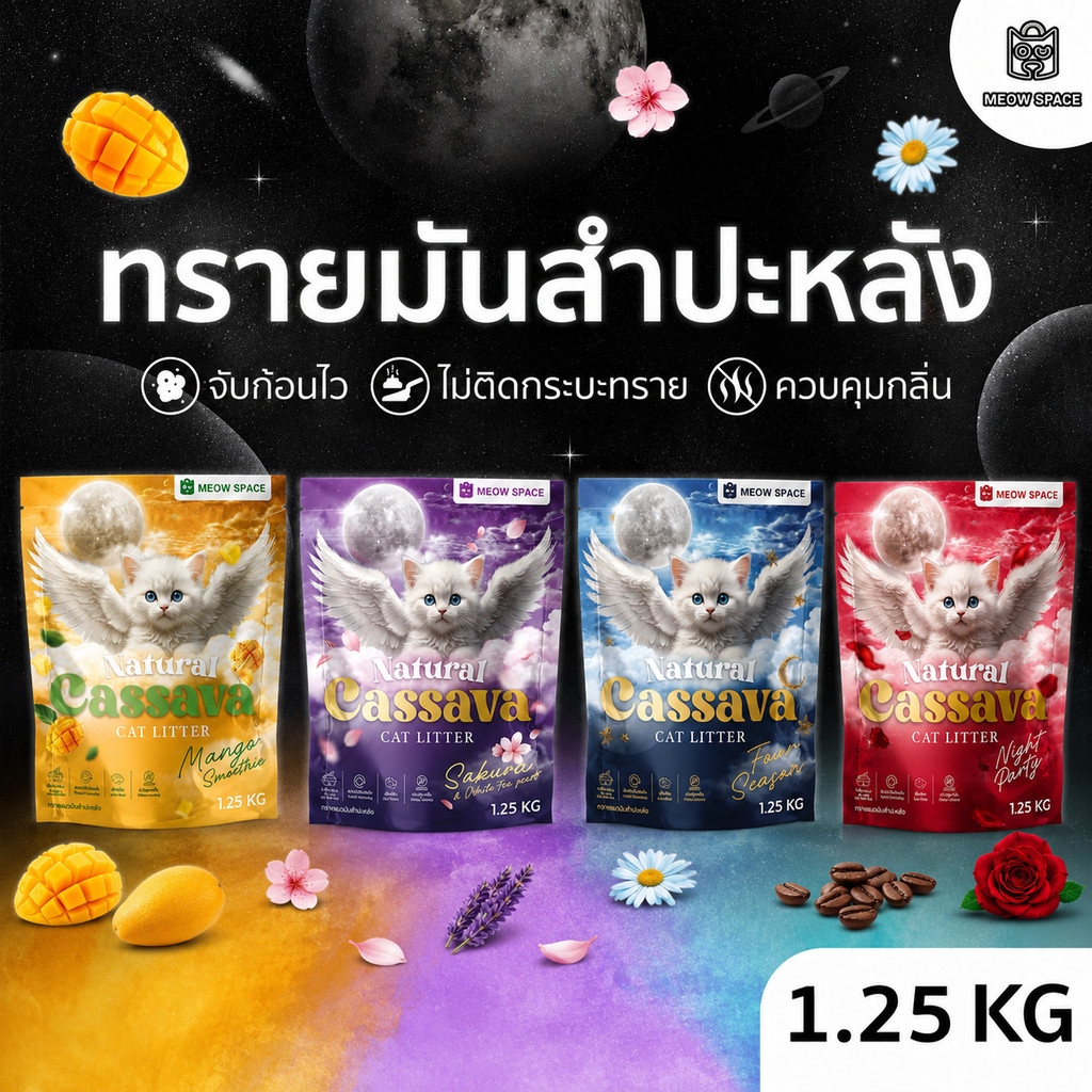 ทรายแมวไม่ติดกะบะ) Meow Space ทรายแมวมันสําปะหลัง 1.25กิโลx2ถุง ทรายแมวไร้ฝุ่น จับก้อนทันที ไม่ติดกะบะทราย ล็อคกลิ่นอึ