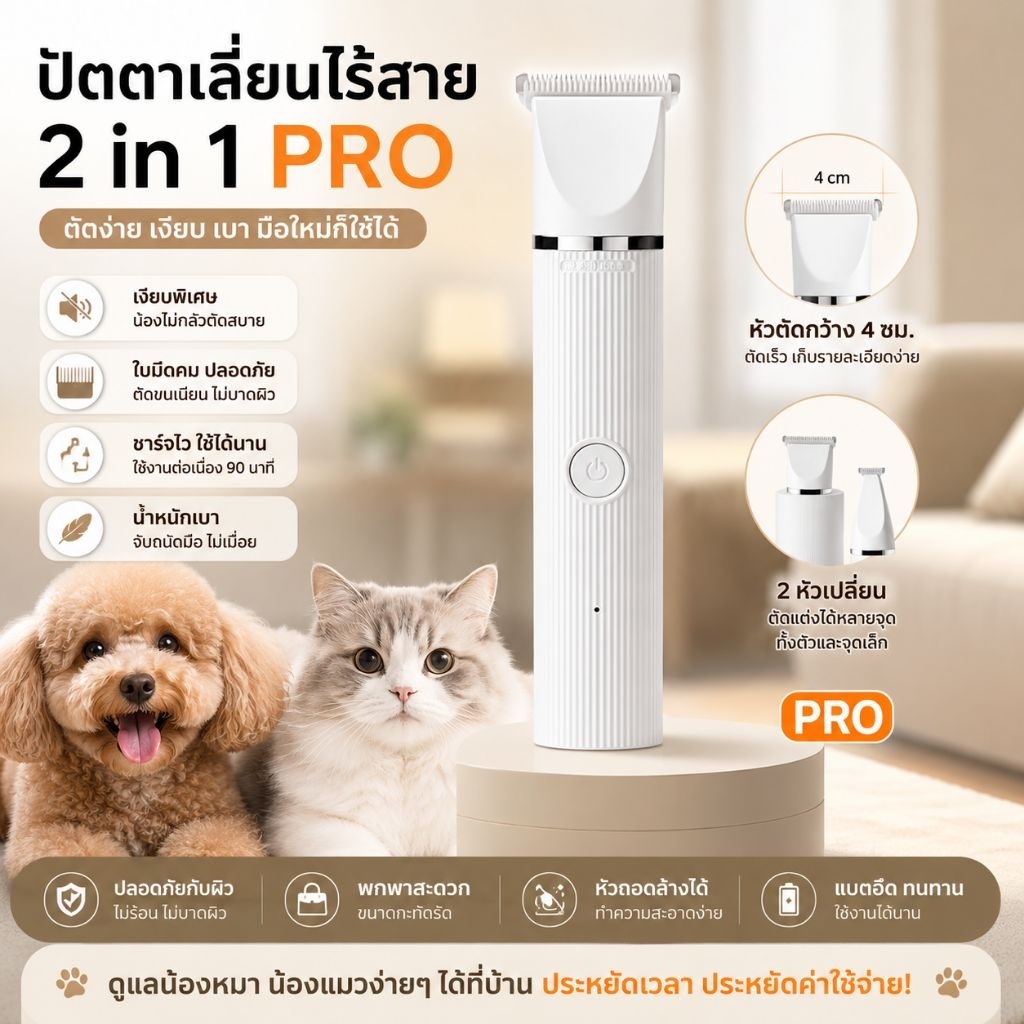 ปัตตาเลี่ยนตัดขนสัตว์เลี้ยง Trimmer Pet Hair Clipper 2in1 PRO สําหรับแมว สุนัข