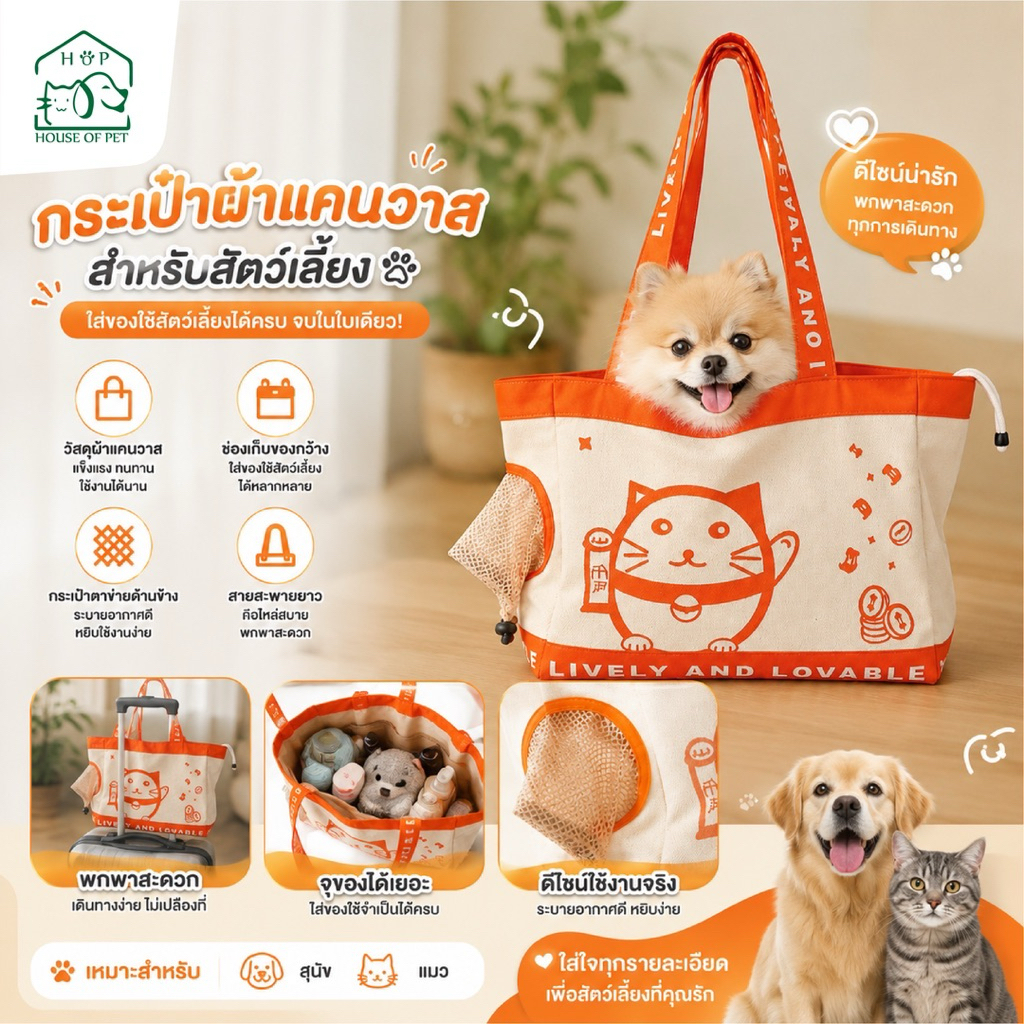 กระเป๋าผ้าแคนวาสสําหรับสัตว์เลี้ยง กระเป๋าใส่ หมา แมว สุนัข
