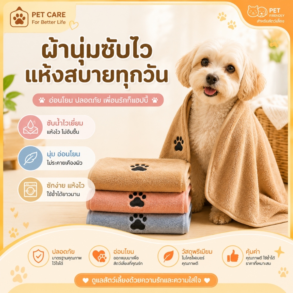 PET CARE】ผ้าเช็ดตัวสัตว์เลี้ยง ผ้าขัดตัวอาบน้ํา ผ้าซับน้ํา ไมโครไฟเบอร์ ซับน้ําไว แห้งทันที ลายรอยเท้า 3 สี นิ่มหนา