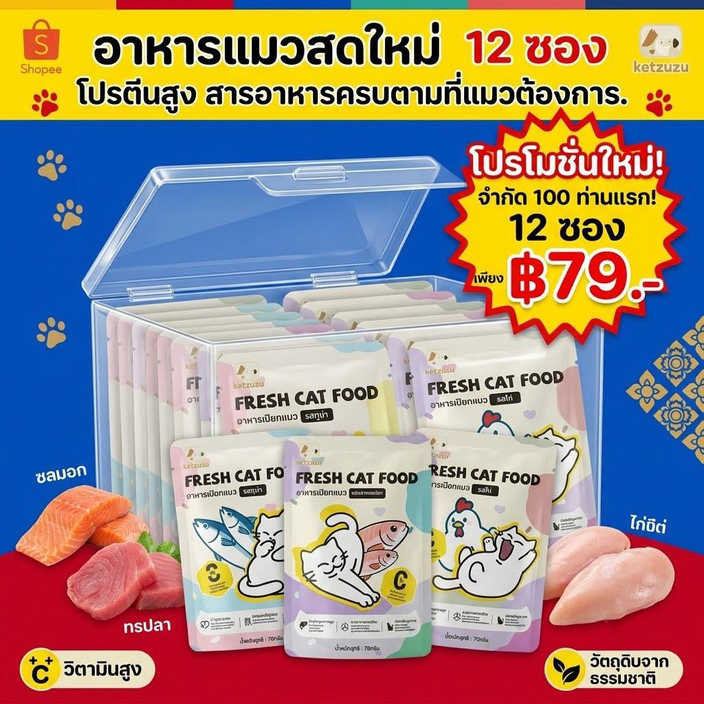 Ketzuzu】อาหารเปียกแมว 70g [12ซอง] โอเมก้า3 บํารุงขนเงางาม อาหารเปียกแมว ขนมแมว ขนมแมวเลีย รสทูน่า แซลมอน ไก่