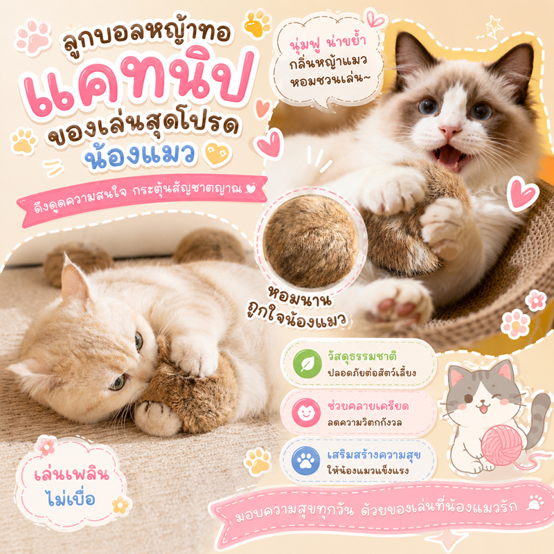 ลูกบอลกลมขนน้ําตาล ลูกบอลขนกระต่ายผสมแคทนิป ของเล่นแมว ขนาด 8 ซม. บอลขนนุ่ม กลิ้งได้