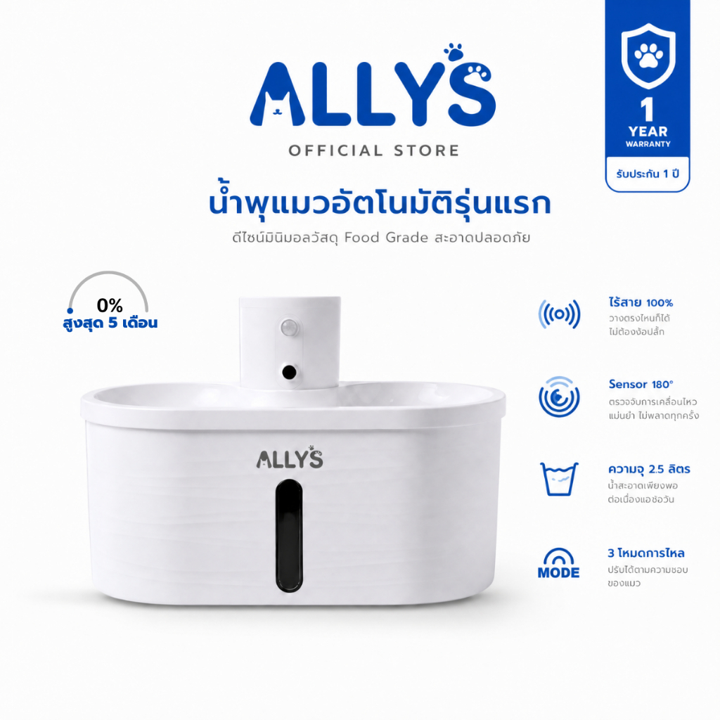 ALLYS น้ําพุแมวไร้สาย 2.5L รุ่น W4 | เซนเซอร์อัจฉริยะ กรอง 4 ชั้น แบต 60 วัน ประกัน 1 ปี