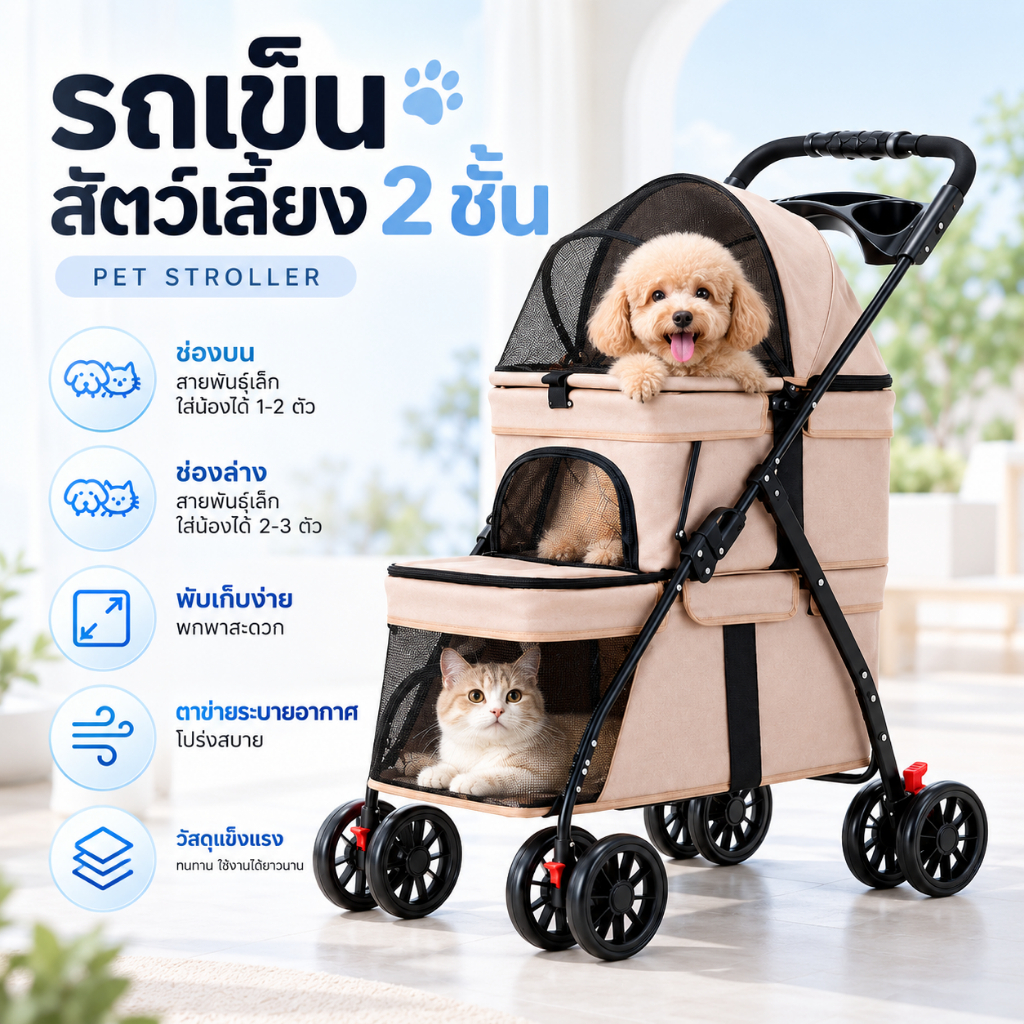 Bratvee.pet| รถเข็นสัตว์เลี้ยง 2 ชั้น พับได้ สําหรับสุนัข แมว หลายตัว รุ่นพรีเมียม รองรับ 20Kg