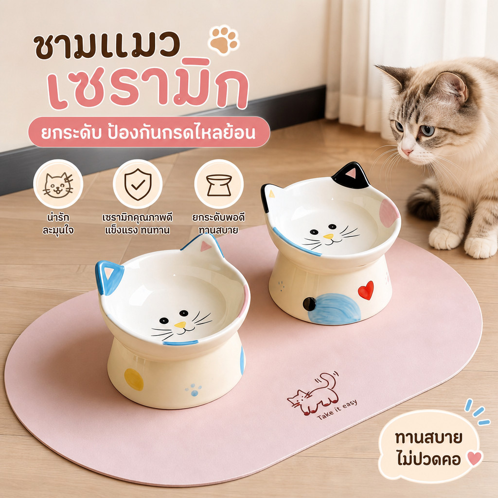 ชามน้ําแมว ชามอาหารแมว ชามอาหารสัตว์เลี้ยงวัสดุเซรามิค รูปร่างแมวน่ารัก เหมาะใช้ให้อาหารแมวและสุนัข