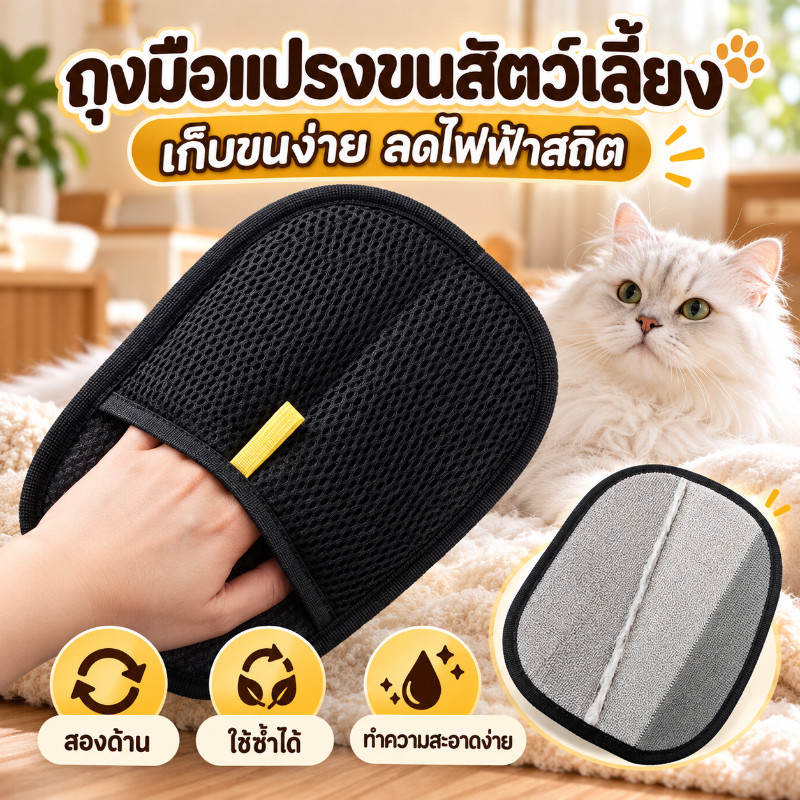 ถุงมือแปรงขน ถุงมือแปรงขนสัตว์เลี้ยง ถุงมือกําจัดขนสัตว์เลี้ยง แปรงเก็บขนแมว ผมเหนียวไฟฟ้าสถิต