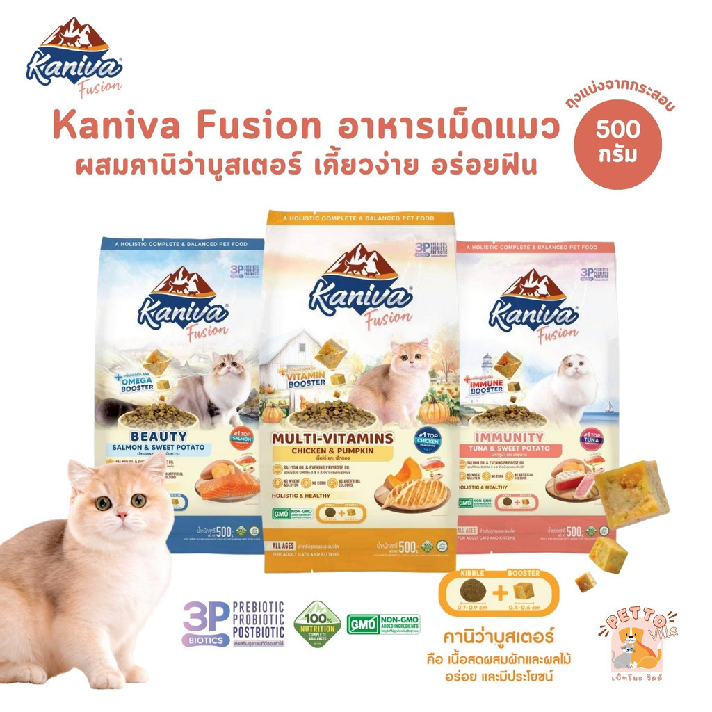 ถุงแบ่ง) Kaniva Fusion อาหารแมวคานิว่า ผสมบูสเตอร์ ทานง่าย เคี้ยวง่าย สารอาหารอัดแน่น ขนาด 500 กรัม
