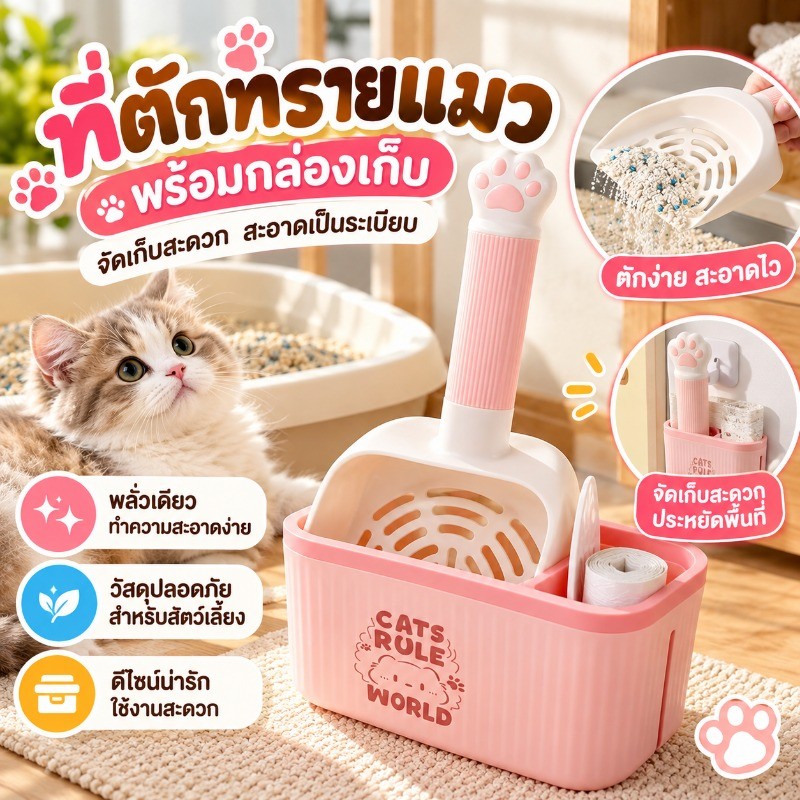 COD ที่ตักทรายแมวดีไซน์น่ารัก พร้อมถังขยะ แขวนได้ น้ําหนักเบา ล้างง่าย วัสดุปลอดภัย ไม่เปลืองพื้นที่