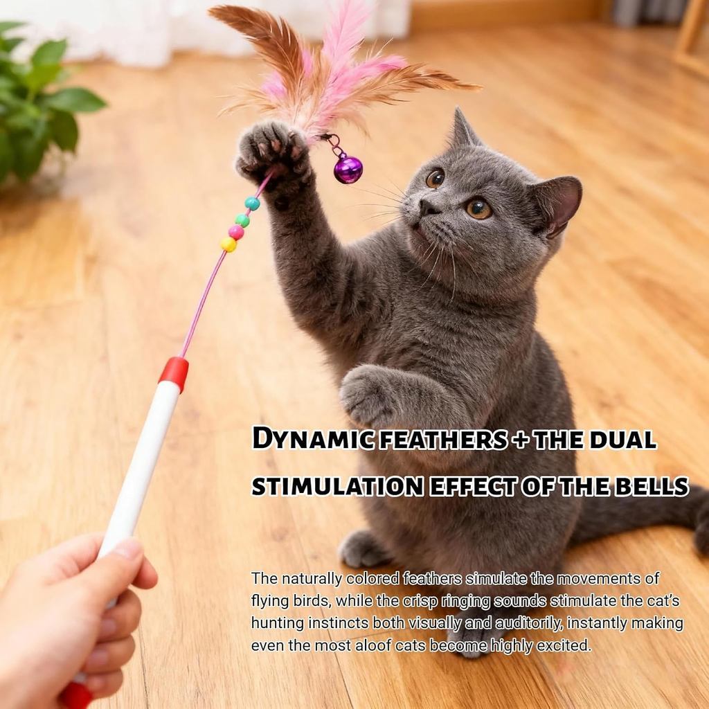 Cat Feather Stick ของเล่น-ลวดเหล็ก Feather Interactive Cat Stick การฝึกอบรม-Bead Bell ลูกแมว Wand ของเล่นสัตว์เลี้ยง