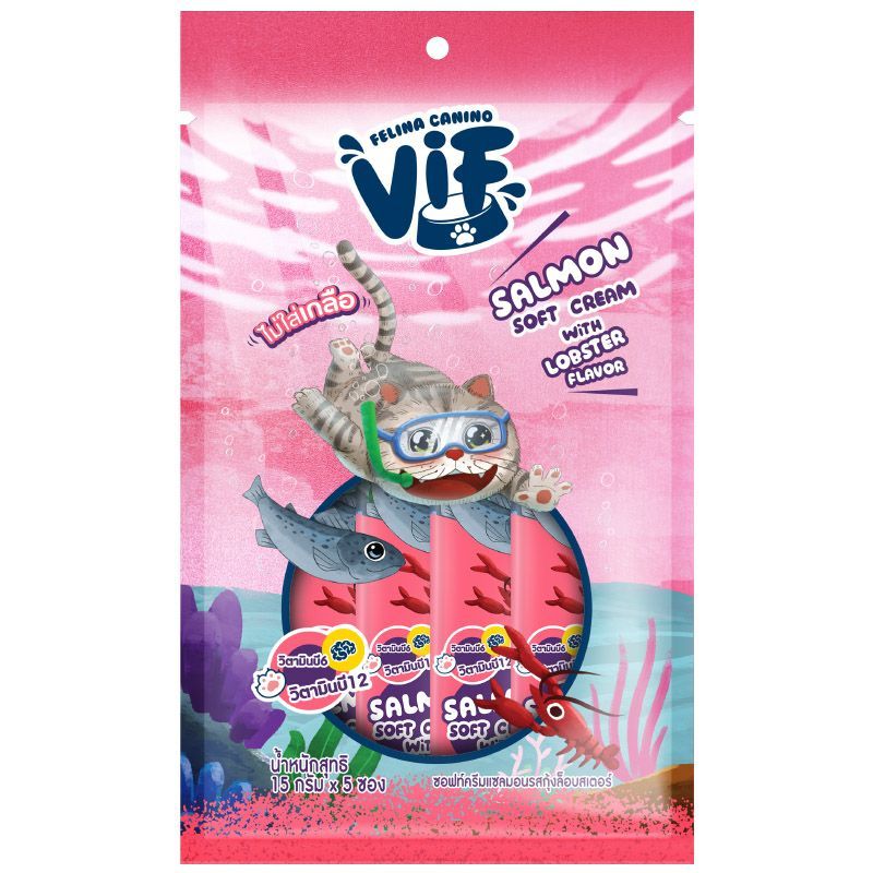 วิฟM4ซอฟท์ครีมแซลมอนรสกุ้งล็อบสเตอร์ขนมแมวเลีย 15กรัม แพค 5 VIF M4 Salmon Soft Cream With Lobster Flavor 15g. Pack 5