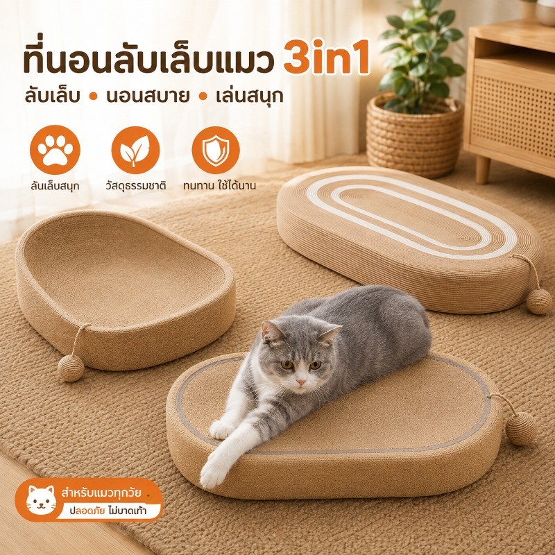 ที่ลับเล็บแมว กระดาษลูกฟูก ที่ฝนเล็บรูปอ่าง เป็นที่นอนน้องแมวไปในตัว พร้อม Catnip