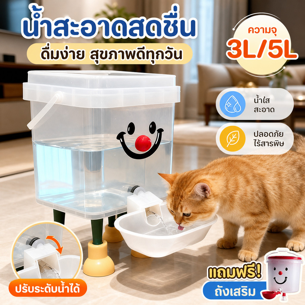 ถังดื่มสัตว์เลี้ยง ตู้น้ําดื่มอัตโนมัติความจุขนาดใหญ่ ความปลอดภัยเงียบ ระบายน้ําอัตโนมัติ ความจุ 3L/5L