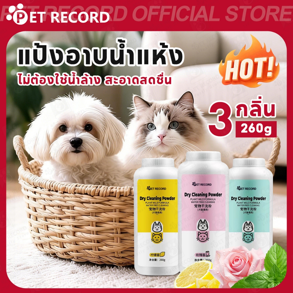PET RECORD】 แชมพูแห้งสัตว์เลี้ยง 260g สําหรับสุนัขแมว ผงกําจัดเห็บหมัด ทําความสะอาดง่าย ไม่ต้องล้างน้ํา