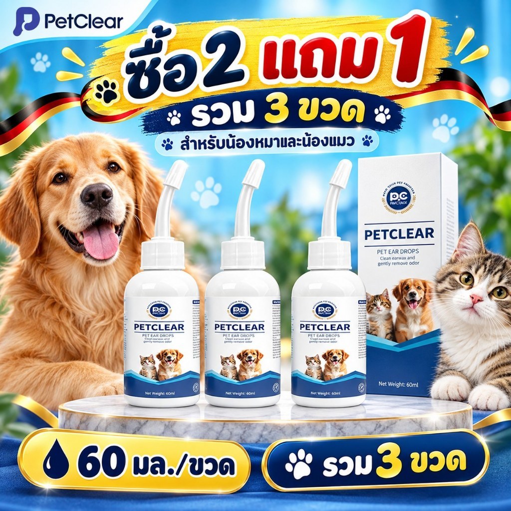 น้ํายาทําความสะอาดหูสุนัขแมว 60 มล. สําหรับสุนัขและแมว 3 ขวด สําหรับดูแลหูที่บ้าน